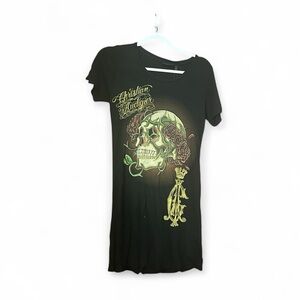 NWT Christian Audigier Y2K Skull Rose Print Top Size L